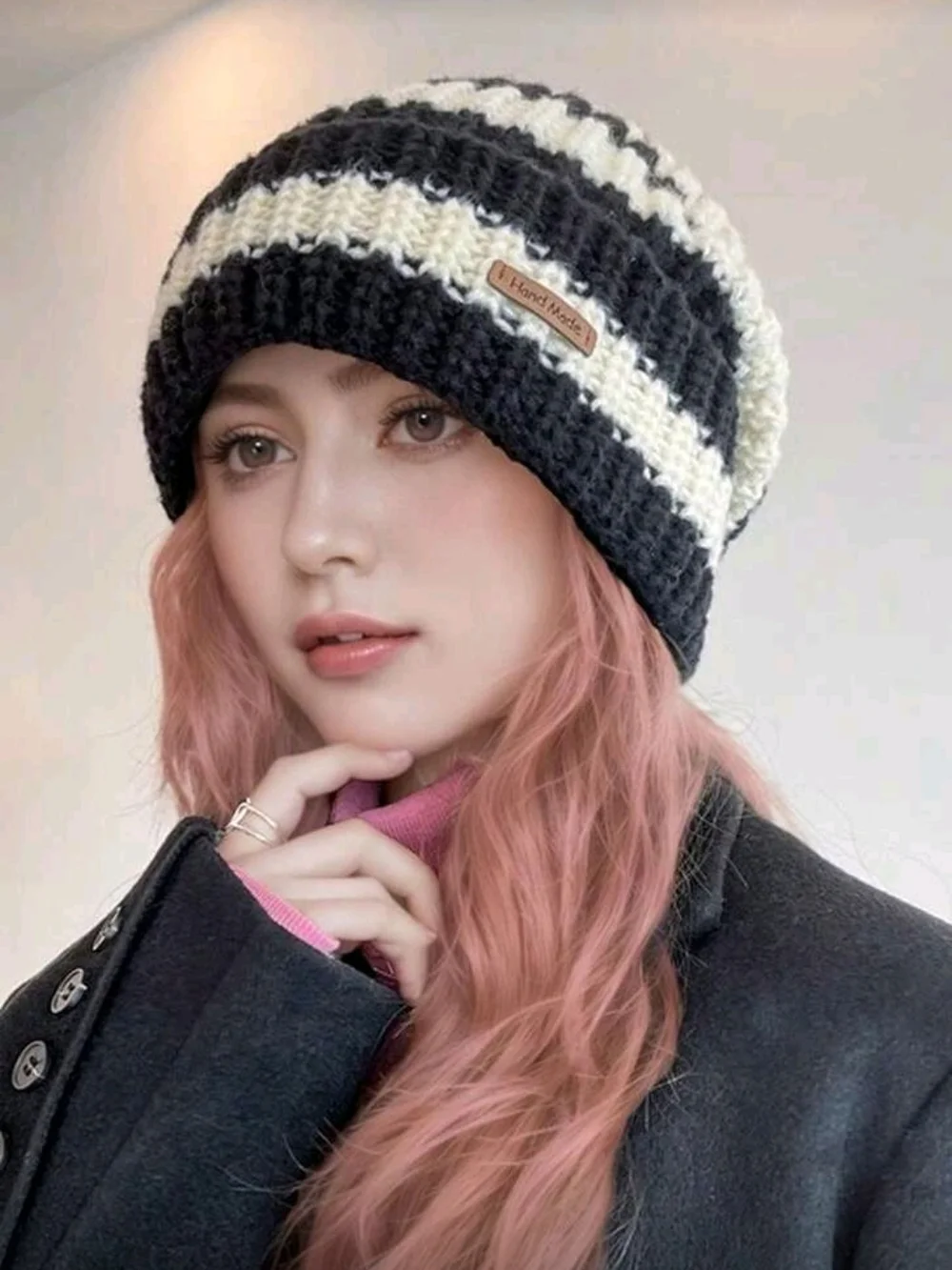 Black & Cream Striped Knit Beanie - Women